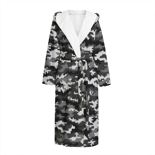 Black White And Grey Digital Camo Print Hooded Bathrobe