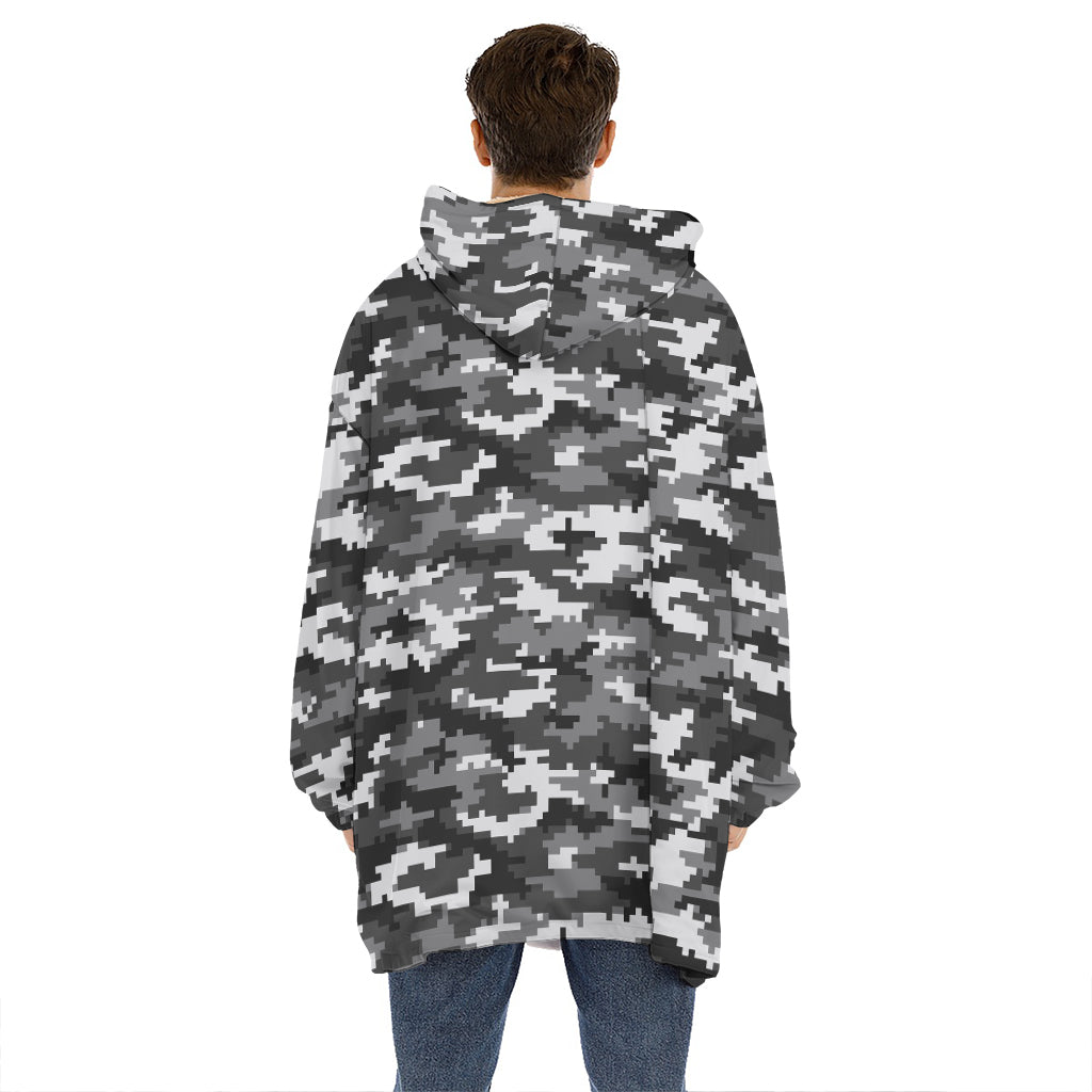 Black White And Grey Digital Camo Print Hoodie Blanket
