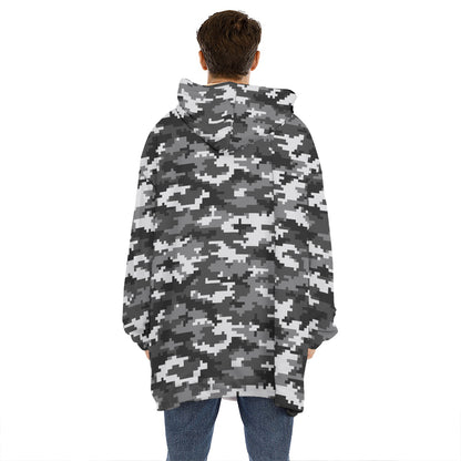 Black White And Grey Digital Camo Print Hoodie Blanket