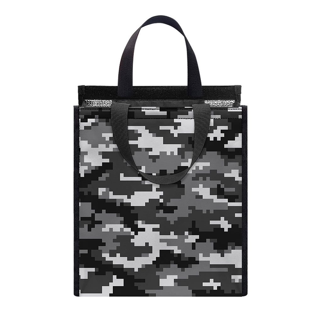 Black White And Grey Digital Camo Print Insulated Lunch Tote