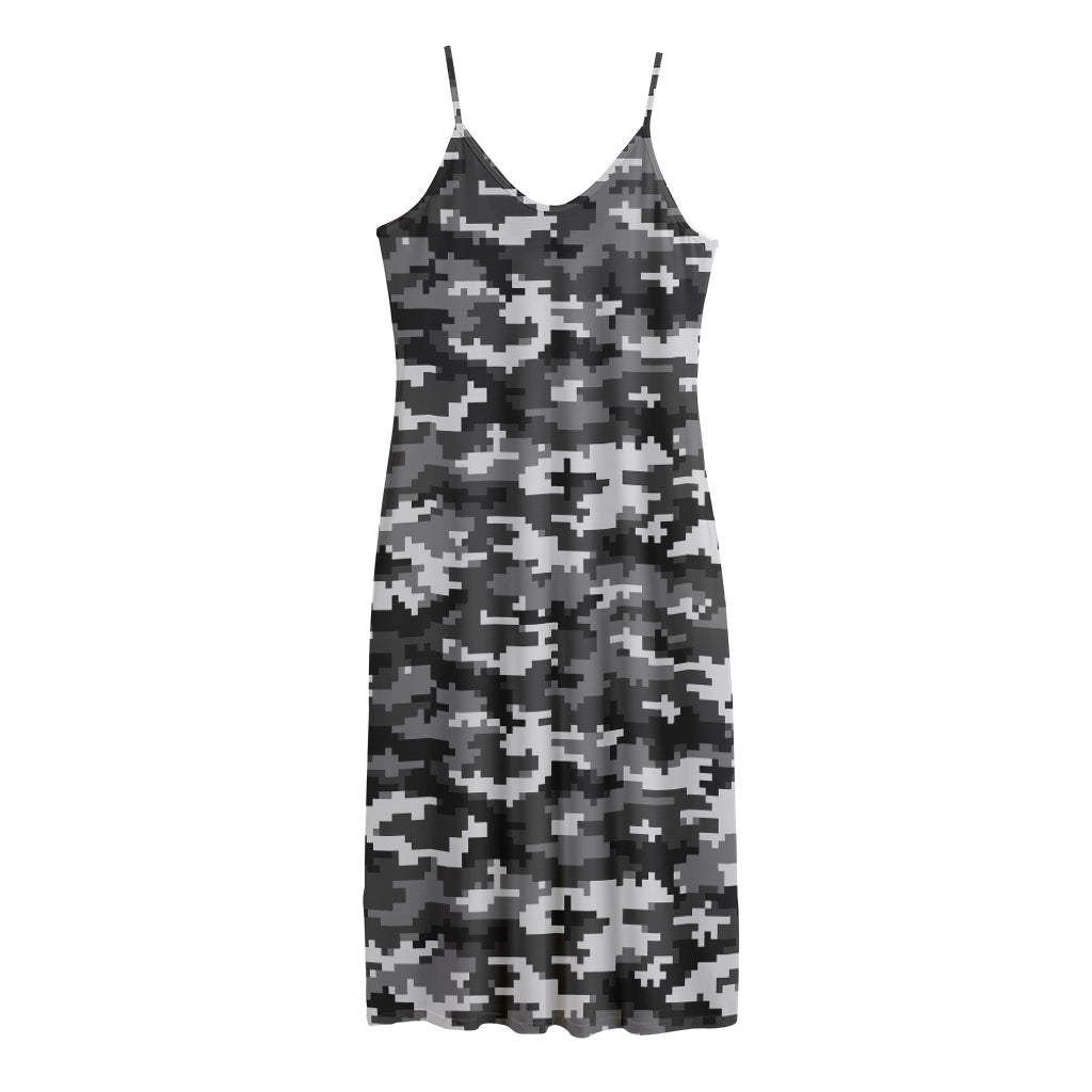 Black White And Grey Digital Camo Print Jersey Midi Cami Dress