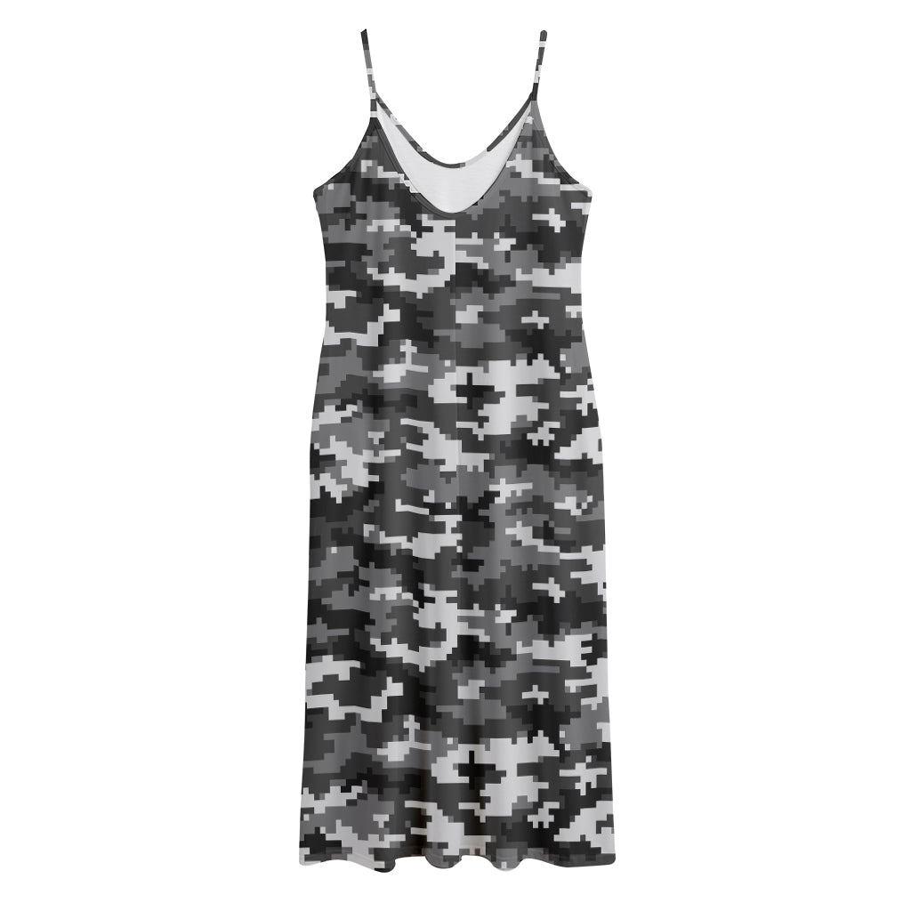 Black White And Grey Digital Camo Print Jersey Midi Cami Dress