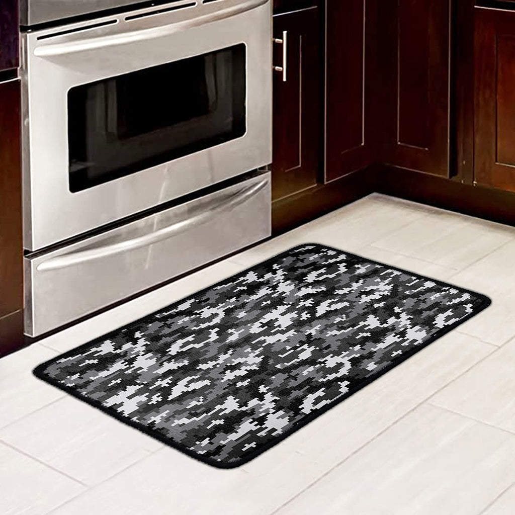 Black White And Grey Digital Camo Print Kitchen Mat
