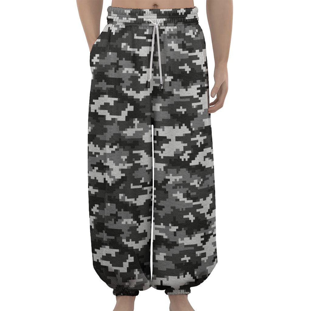 Black White And Grey Digital Camo Print Lantern Pants