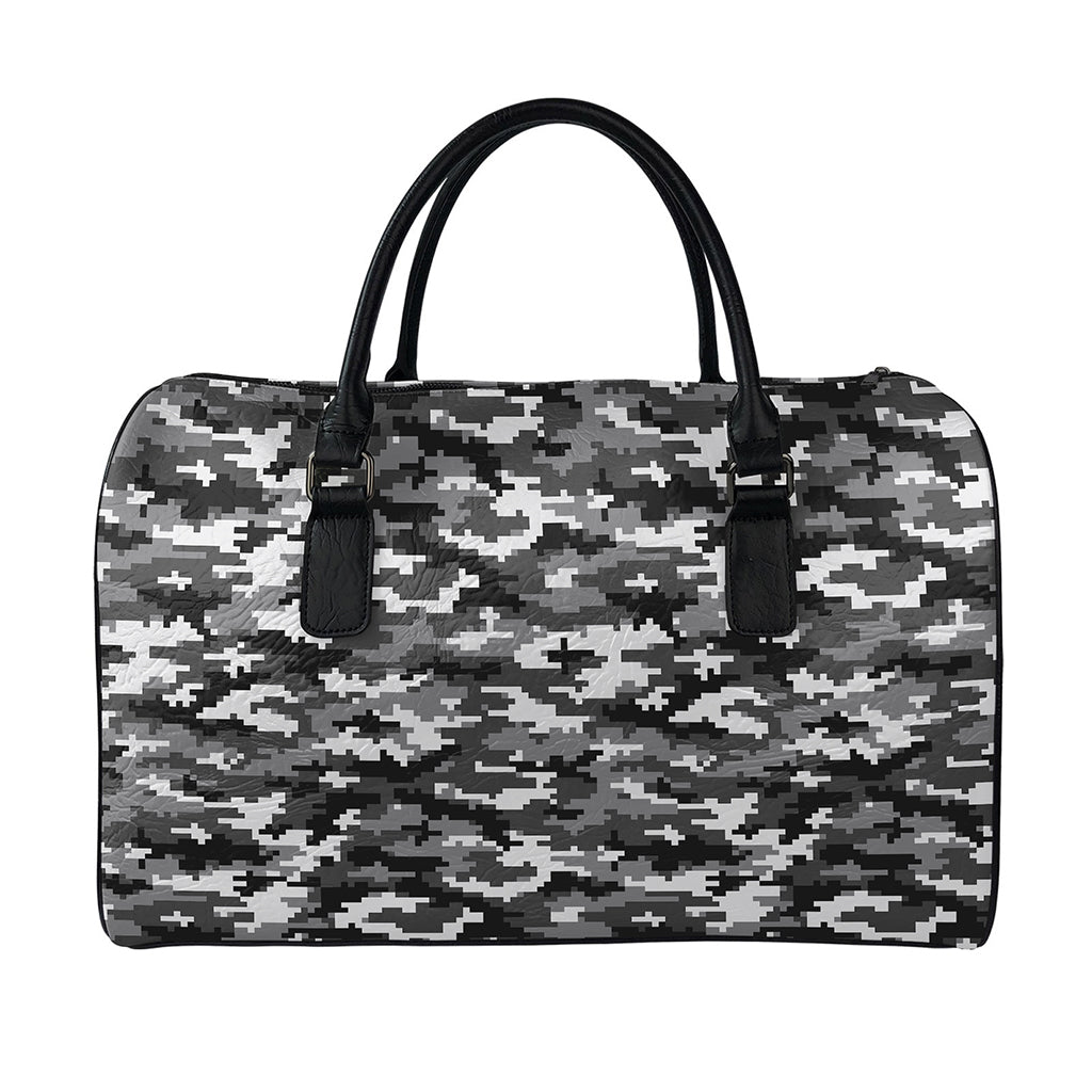 Black White And Grey Digital Camo Print Leather Duffle Bag