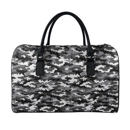 Black White And Grey Digital Camo Print Leather Duffle Bag