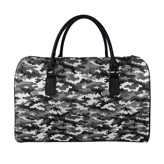Black White And Grey Digital Camo Print Leather Duffle Bag