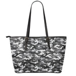 Black White And Grey Digital Camo Print Leather Tote Bag