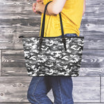 Black White And Grey Digital Camo Print Leather Tote Bag