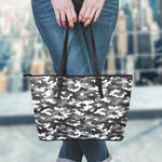 Black White And Grey Digital Camo Print Leather Tote Bag