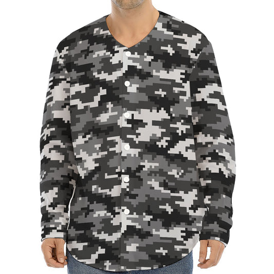 Black White And Grey Digital Camo Print Long Sleeve Baseball Jersey