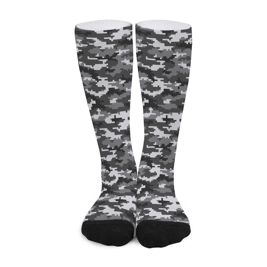 Black White And Grey Digital Camo Print Long Socks