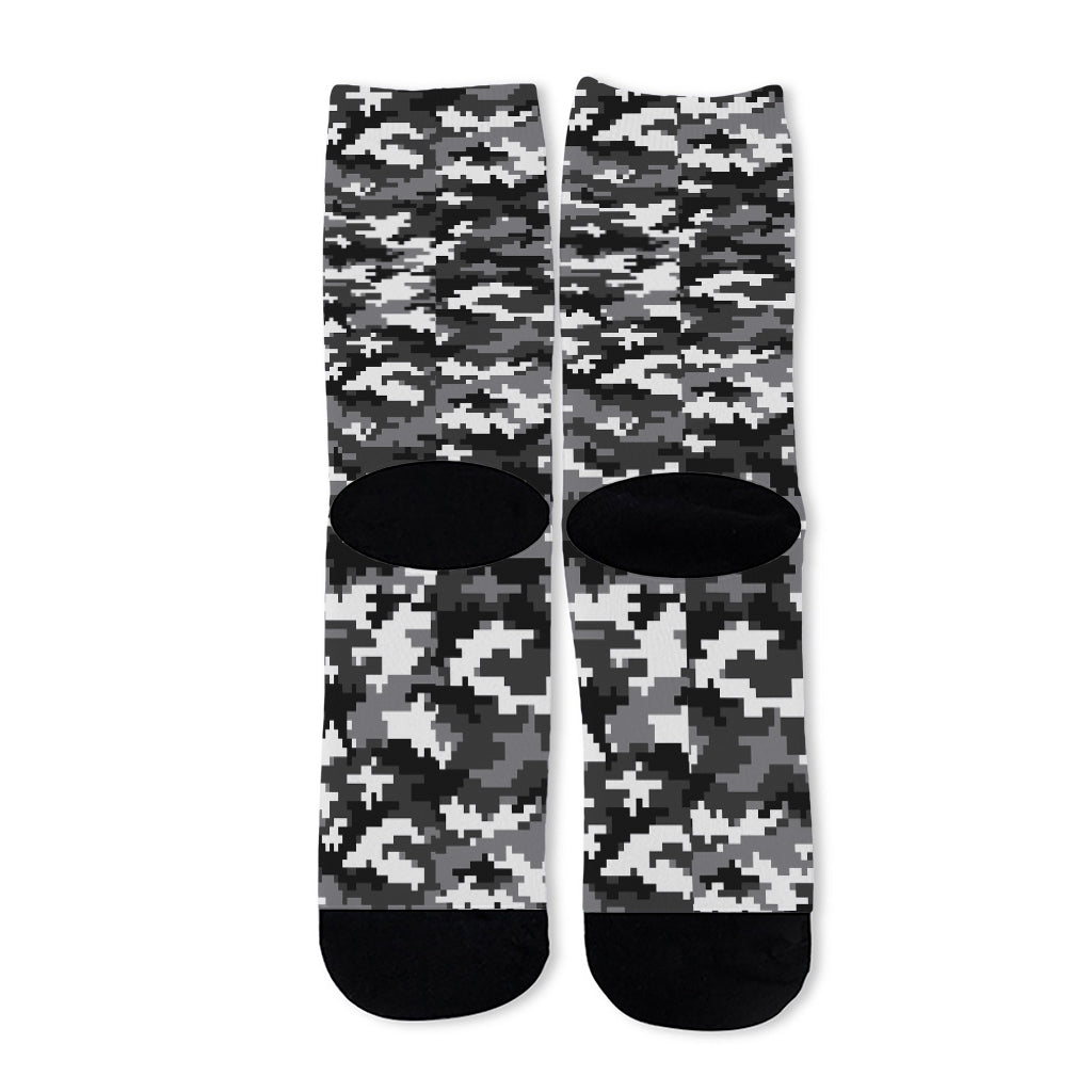 Black White And Grey Digital Camo Print Long Socks
