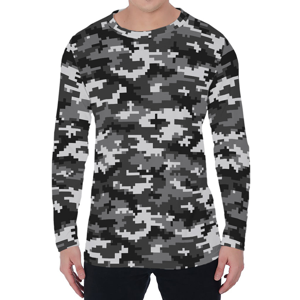 Black White And Grey Digital Camo Print Men's Long Sleeve T-Shirt