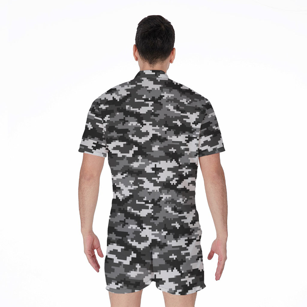 Black White And Grey Digital Camo Print Men's Rompers