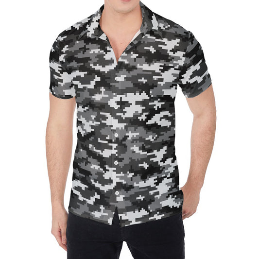 Black White And Grey Digital Camo Print Men's Shirt