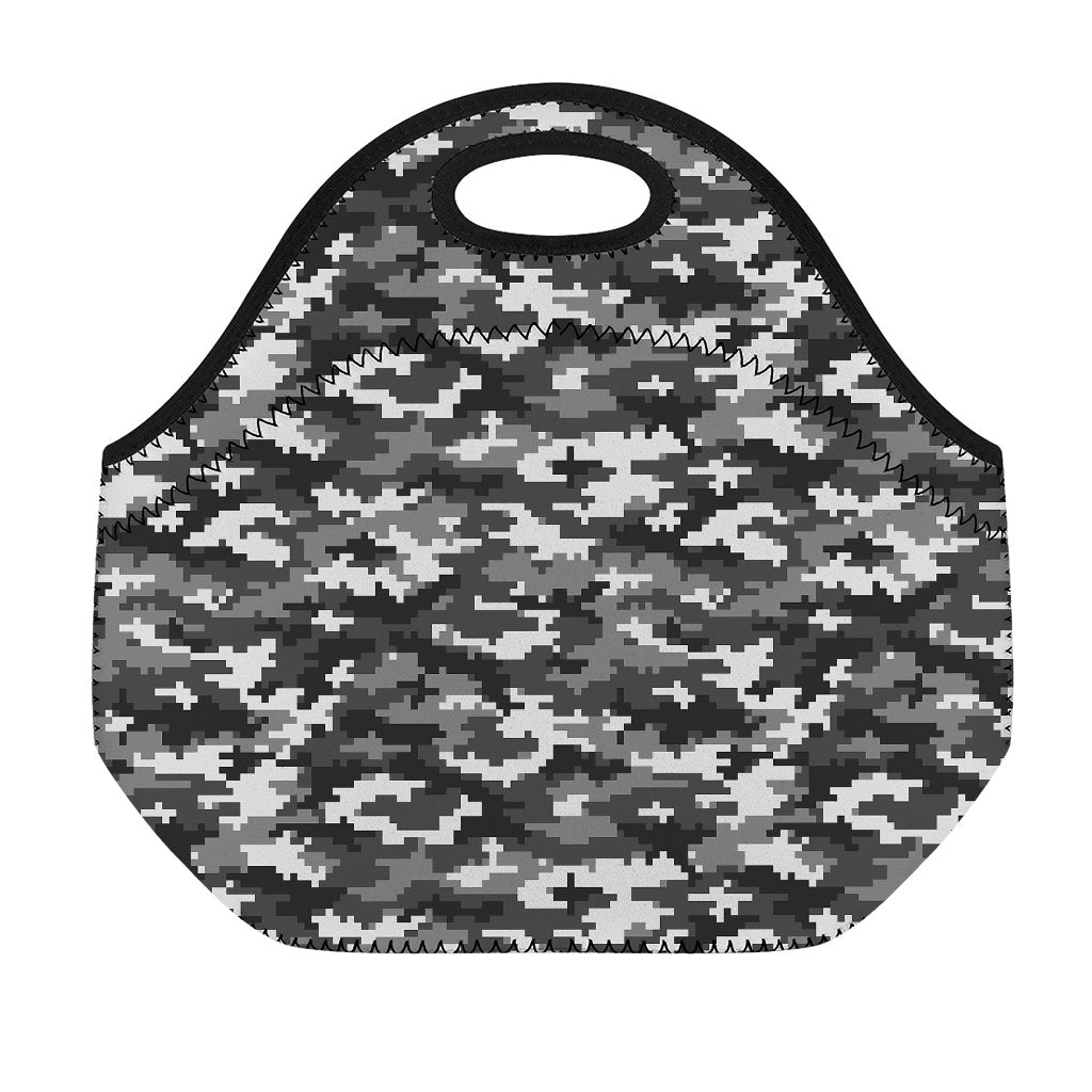 Black White And Grey Digital Camo Print Neoprene Lunch Bag