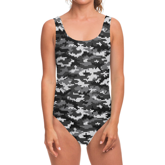 Black White And Grey Digital Camo Print One Piece Swimsuit