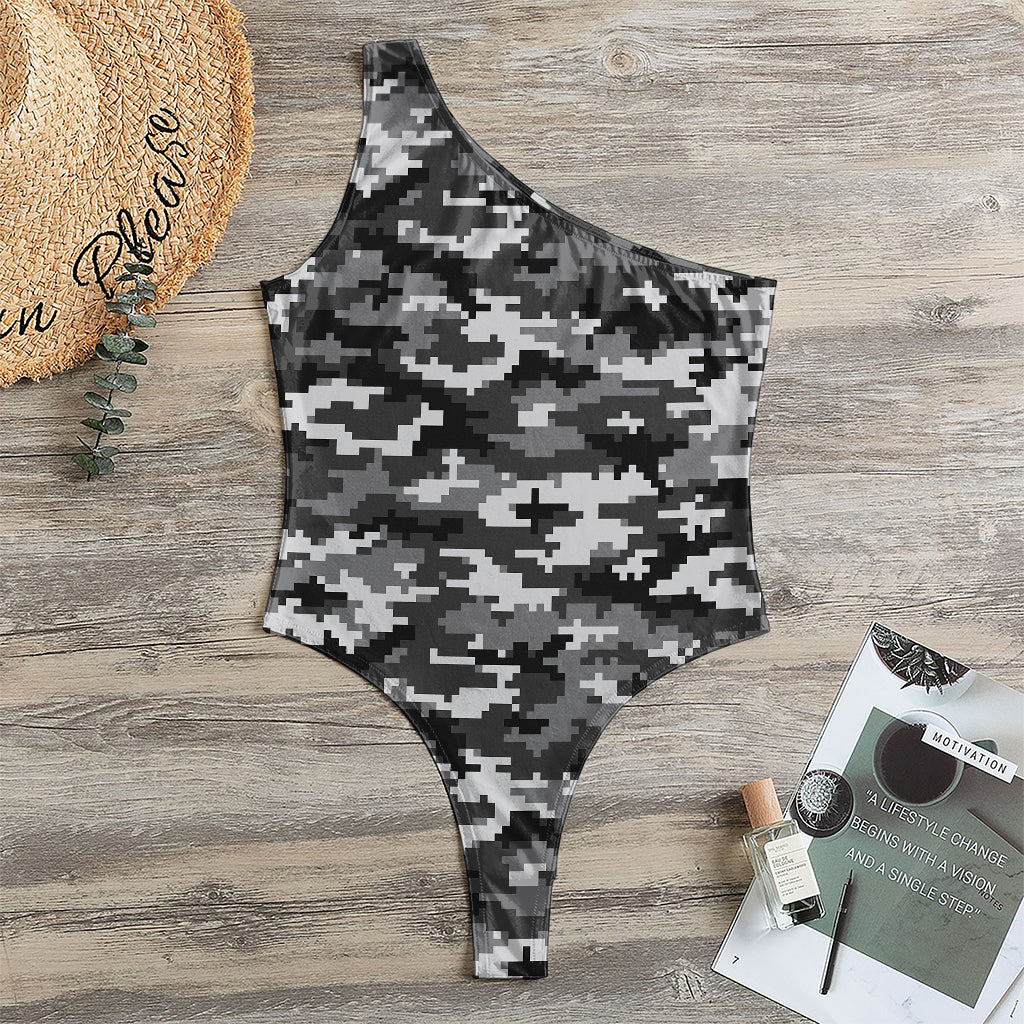 Black White And Grey Digital Camo Print One Shoulder Bodysuit