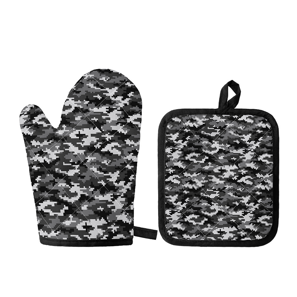 Black White And Grey Digital Camo Print Oven Mitt And Pot Holder Set