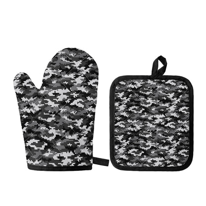 Black White And Grey Digital Camo Print Oven Mitt And Pot Holder Set