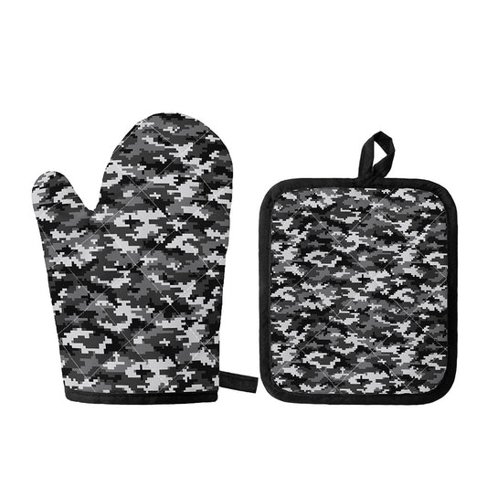 Black White And Grey Digital Camo Print Oven Mitt And Pot Holder Set