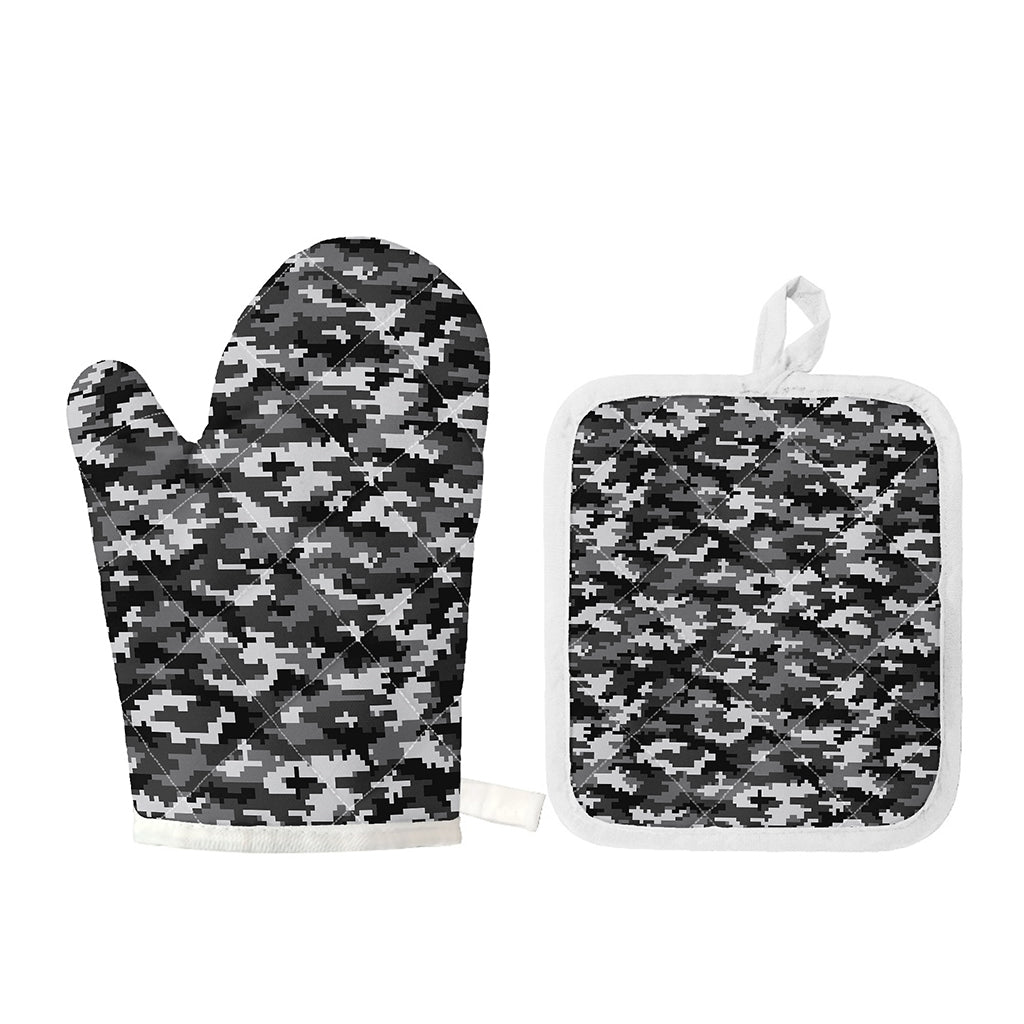 Black White And Grey Digital Camo Print Oven Mitt And Pot Holder Set
