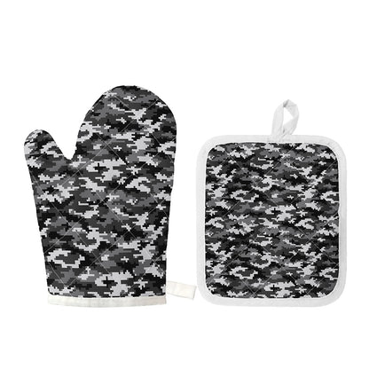 Black White And Grey Digital Camo Print Oven Mitt And Pot Holder Set