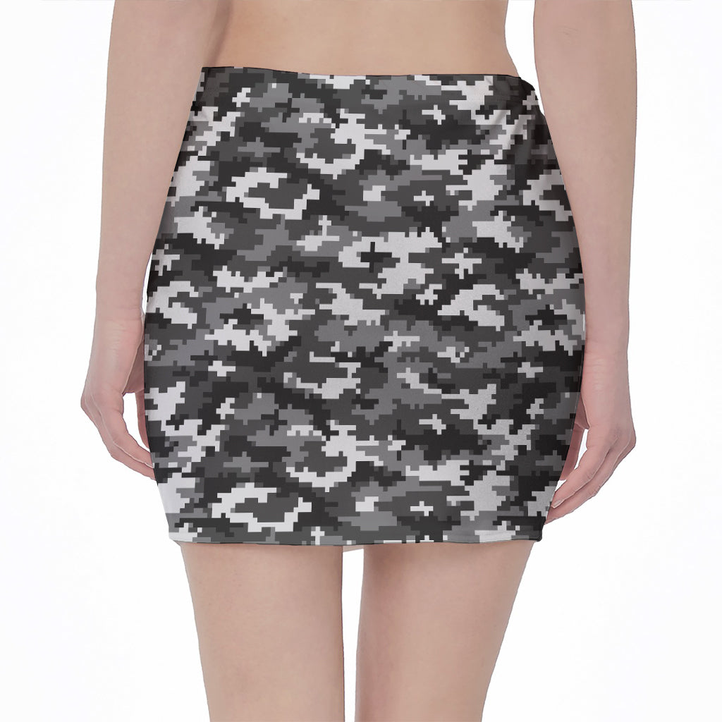 Black White And Grey Digital Camo Print Pencil Mini Skirt