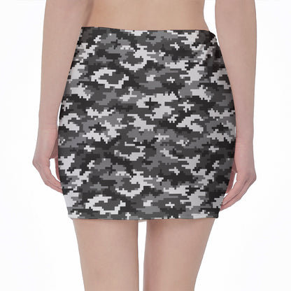 Black White And Grey Digital Camo Print Pencil Mini Skirt