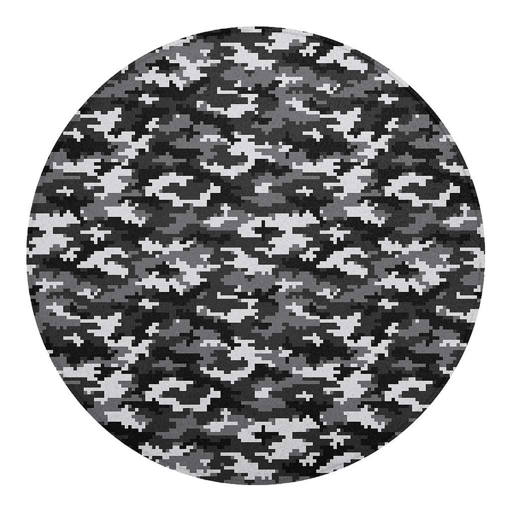 Black White And Grey Digital Camo Print Round Blanket