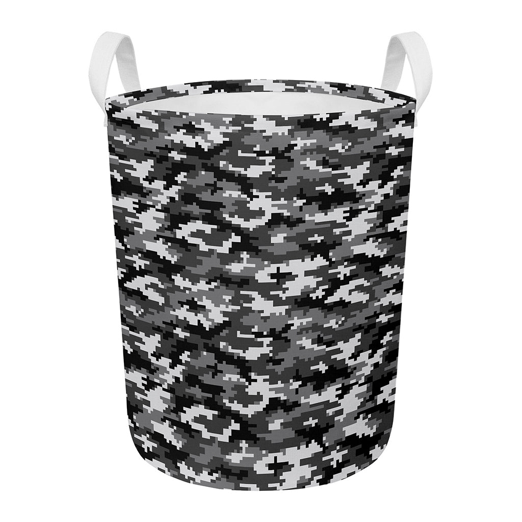 Black White And Grey Digital Camo Print Round Laundry Basket