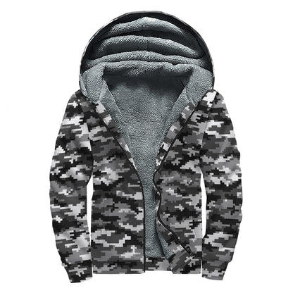 Black White And Grey Digital Camo Print Sherpa Lined Zip Up Hoodie