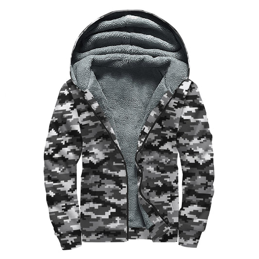 Black White And Grey Digital Camo Print Sherpa Lined Zip Up Hoodie