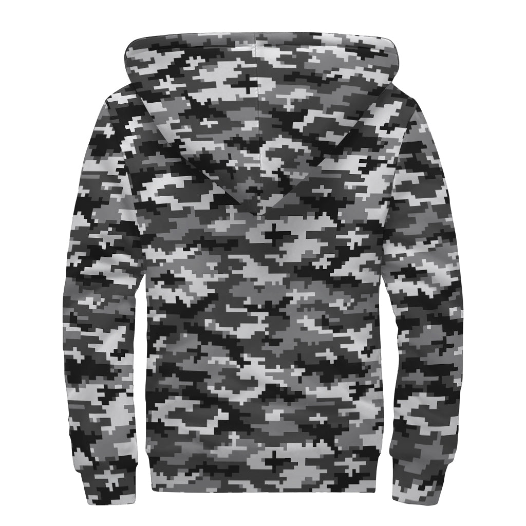 Black White And Grey Digital Camo Print Sherpa Lined Zip Up Hoodie