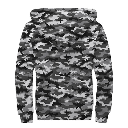 Black White And Grey Digital Camo Print Sherpa Lined Zip Up Hoodie