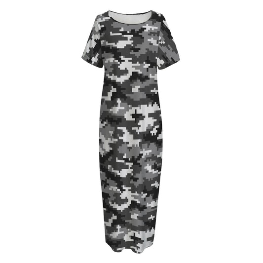 Black White And Grey Digital Camo Print Short Sleeve Long Nightdress