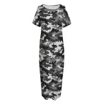 Black White And Grey Digital Camo Print Short Sleeve Long Nightdress
