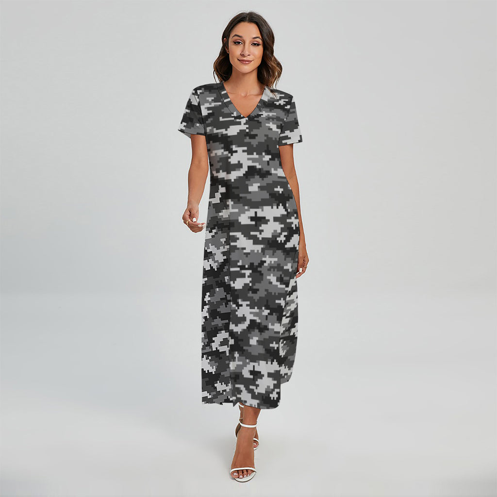 Black White And Grey Digital Camo Print Short Sleeve Maxi Dress