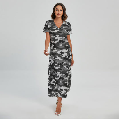 Black White And Grey Digital Camo Print Short Sleeve Maxi Dress
