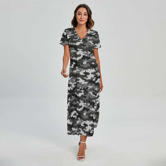 Black White And Grey Digital Camo Print Short Sleeve Maxi Dress