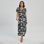 Black White And Grey Digital Camo Print Short Sleeve Maxi Dress