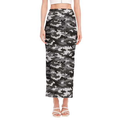 Black White And Grey Digital Camo Print Side Slit Maxi Skirt