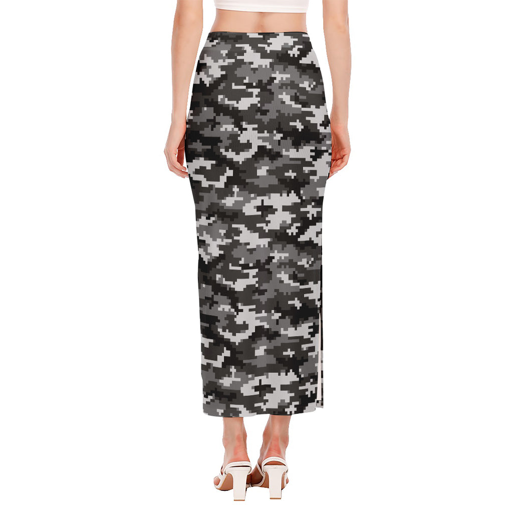 Black White And Grey Digital Camo Print Side Slit Maxi Skirt
