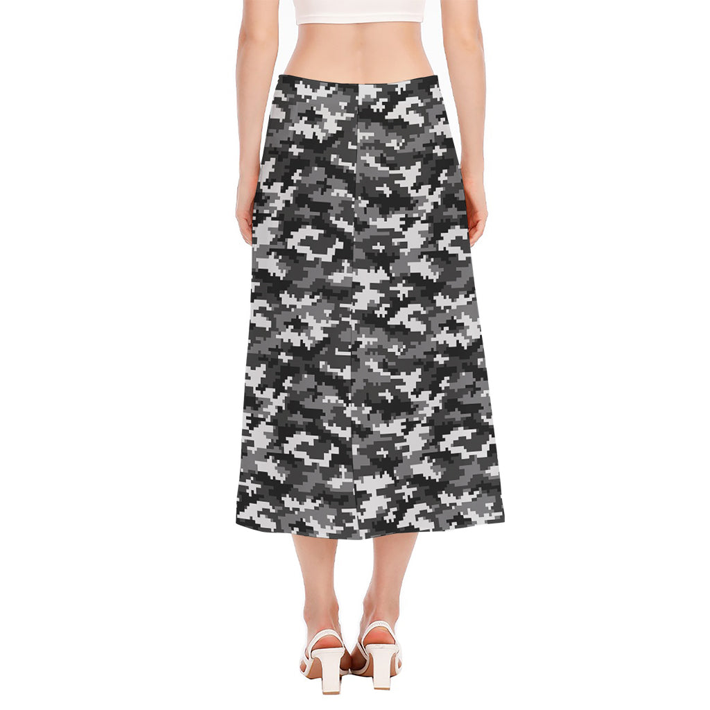 Black White And Grey Digital Camo Print Side Slit Midi Skirt