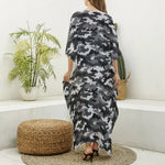 Black White And Grey Digital Camo Print Silk V-Neck Kaftan Dress
