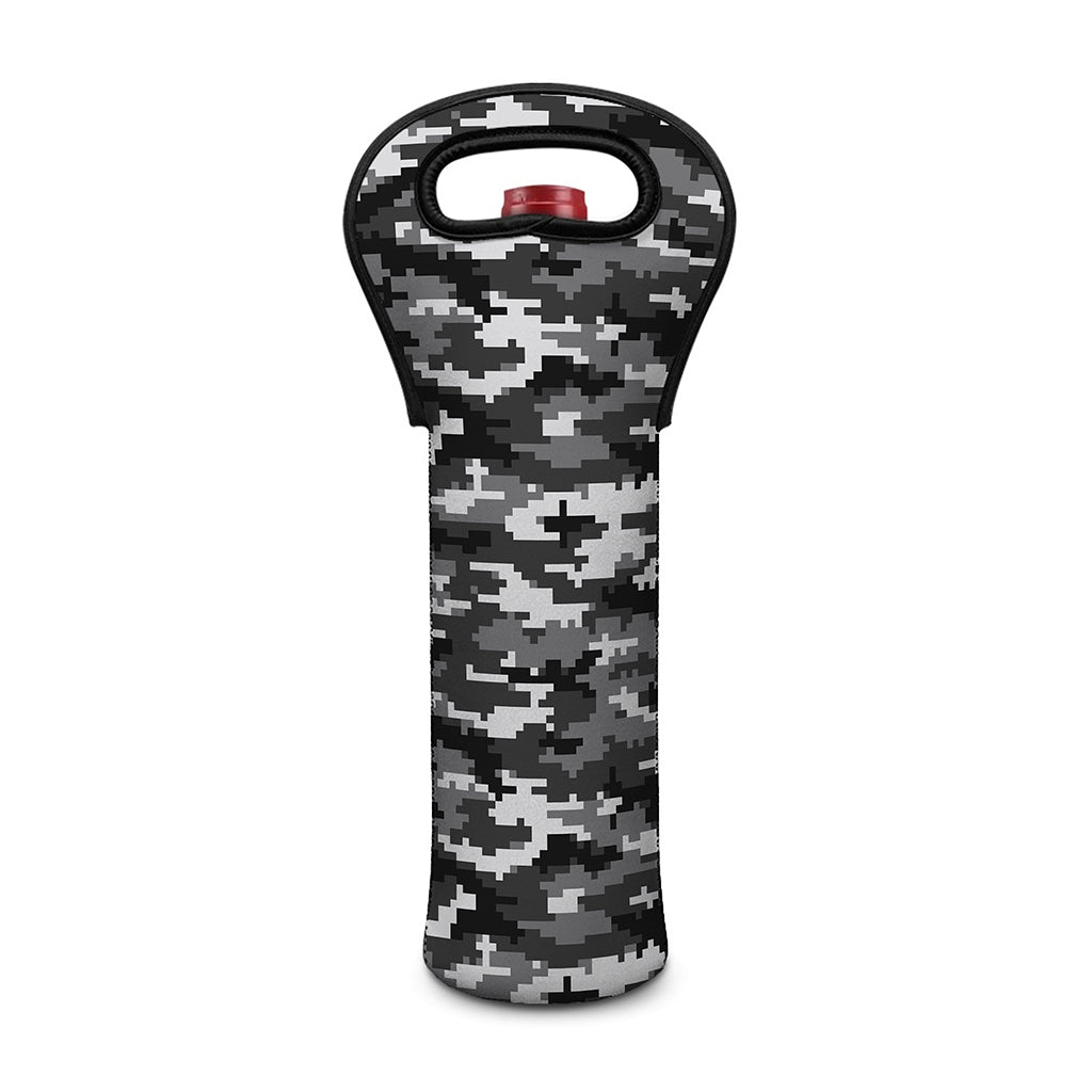 Black White And Grey Digital Camo Print Single Neoprene Wine Tote