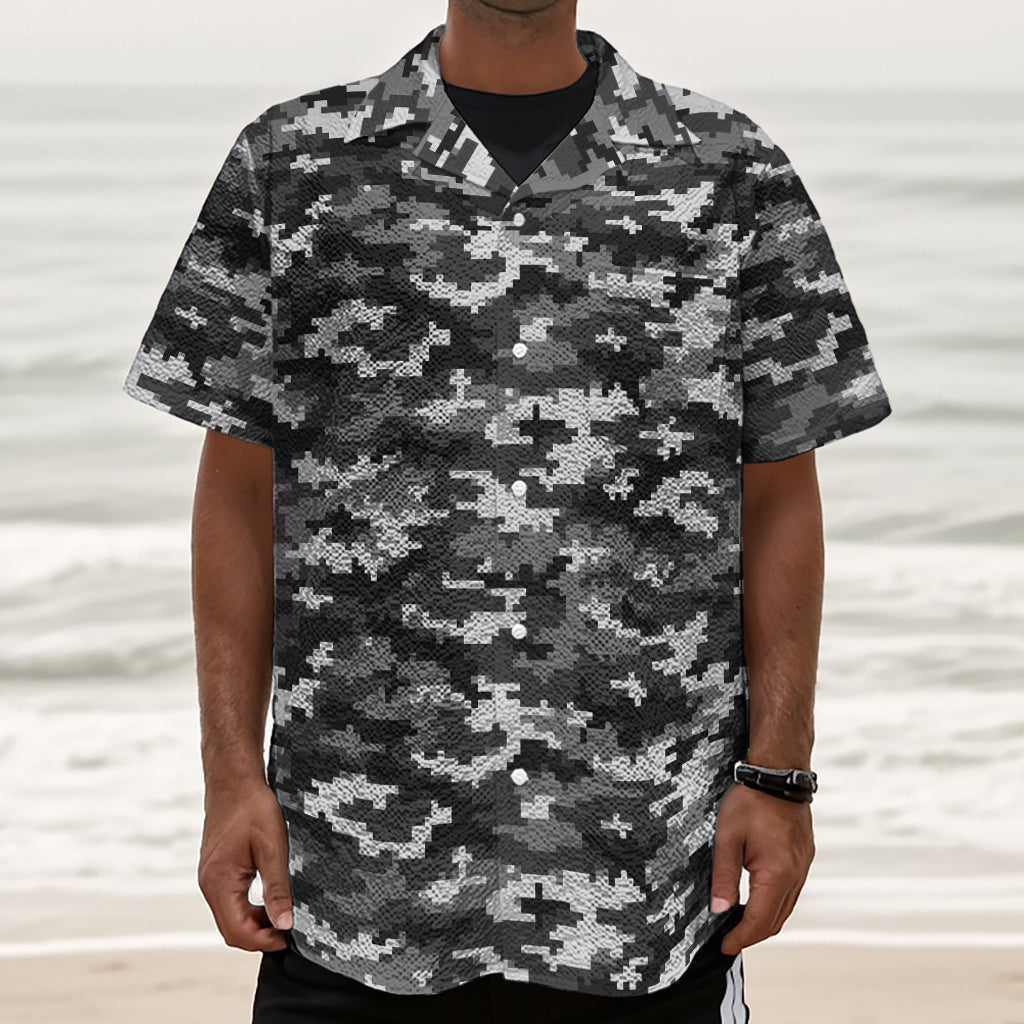 Black White And Grey Digital Camo Print Textured Short Sleeve Shirt