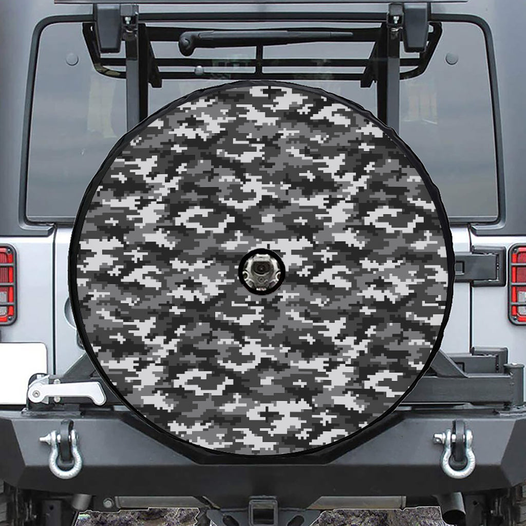 Black White And Grey Digital Camo Print Tire Cover With Camera Hole