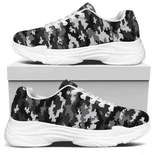 Black White And Grey Digital Camo Print White Chunky Shoes